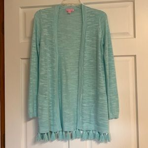 Lily Pulitzer blue/green cardigan with tassels and pockets. Size XS